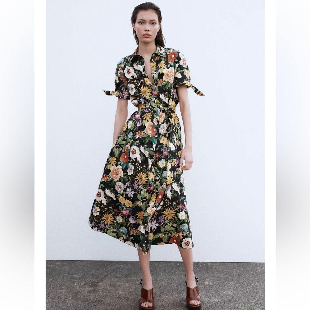 Zara floral print poplin midi dress